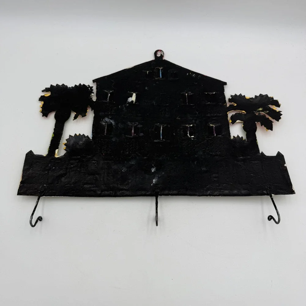 Haitian Metal Folk Art Wall Hanging 3 Hook Key Rack Caribbean House Palm Trees